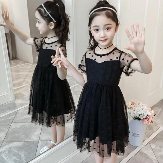 Children Dress Spring Summer O-neck Kids Clothing Baby Girls Clothing Wave Point Short Sleeve Dress Girl Ruffle Veil