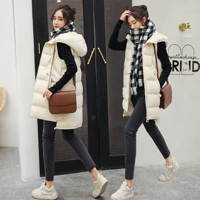 Women's Down Cotton Vest Mid-length Autumn and Winter Loose Vest Sleeveless Plus Size Thick Warm Hooded Jacket Straight Cotton Jacket Mid-length