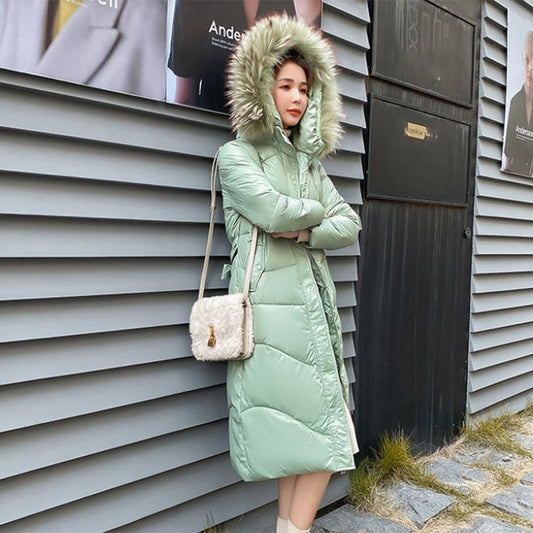 Women's Winter Korean Style Loose Quilted Coat Warm Stand-up Collar Down Jacket Women's Bright Face Long Down Jacket