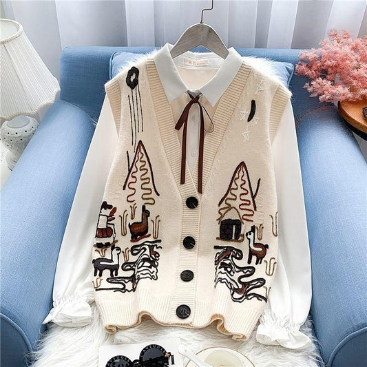 British Style Knitted Waistcoat Vest Women Loose Sleeveless Jacket Outer Sweater Vest Embroidery Waistcoat Women's Sleeveless Sweater Jacket