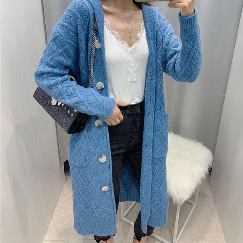 Autumn and Winter Knitted Cardigan Jacket Mid-length Over The Knee Loose Hoodie Thick Casual Women's Top