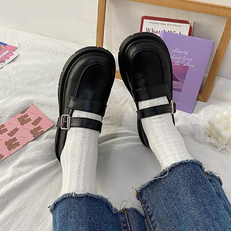 British Style Small Leather Shoes Spring Korean Version of Thick Heel Belt Buckle Single Shoes Retro Loafers Women