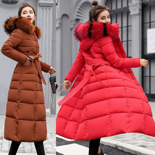 Winter Women's Down Cotton Padded Jacket Long Style Over The Knee Thickened Warm Women's Parka Coat Hooded Fur Collar Coat