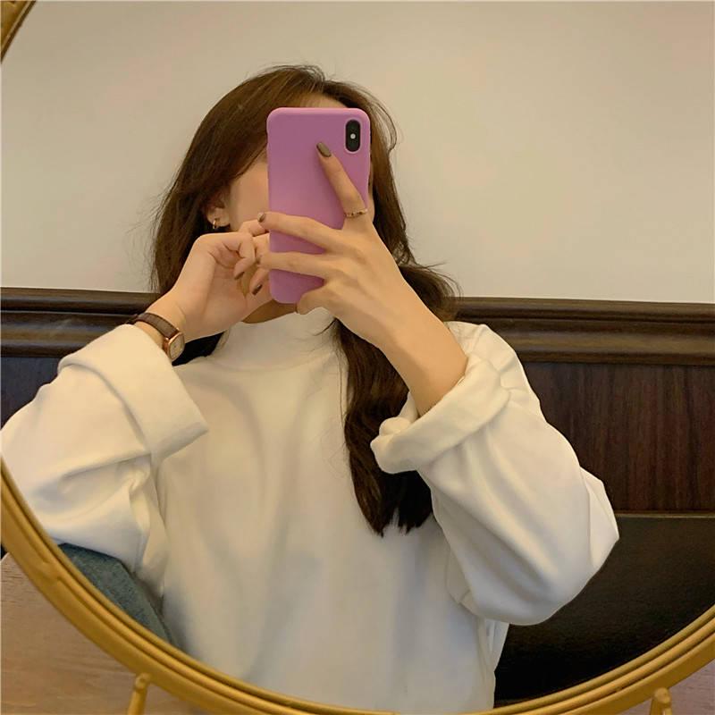 Pofulove Wild Long-sleeved Bottoming Winter Half-high Collar Fleece Thickened T-shirt Women Loose