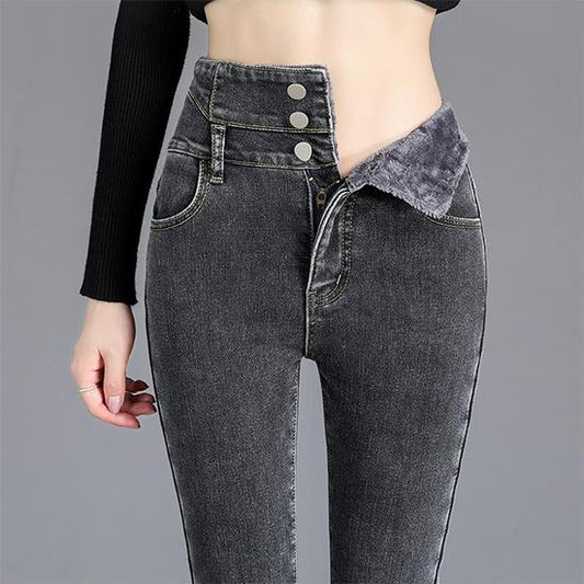 Women's Winter High Waist Plush Jeans Female Large Size Elastic Slim Pants Casual Warm Long Pencil Pants