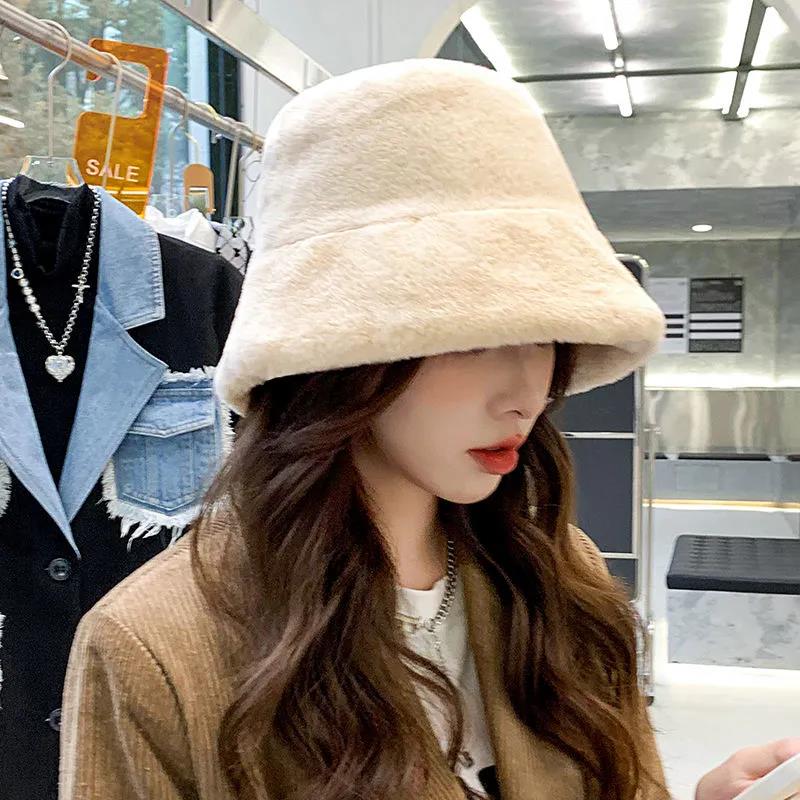 Winter Women's Imitation Rabbit Fur Basin Hat Korean Fashion Tie-dye Fisherman Hat Thick Warm Plush Hat