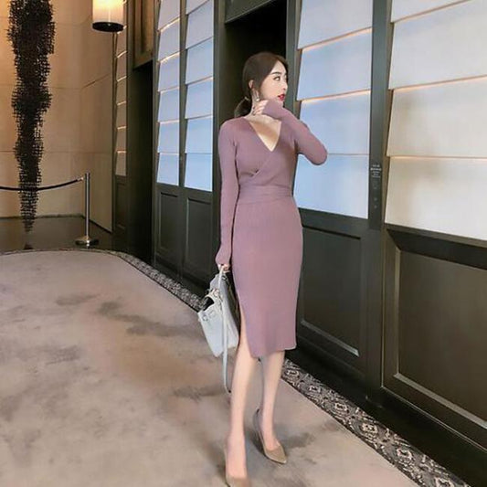 Autumn and Winter Fashion Slim-fit Base Sweater Dress Was Thin Buttocks Slit Long Knitted Dress