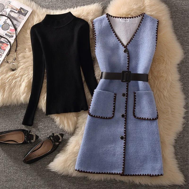 Autumn and Winter Solid Color Knitted Bottoming Shirt and Waistcoat Two-piece Set Waist Was Thinner Female Thermal Suit French Retro Style