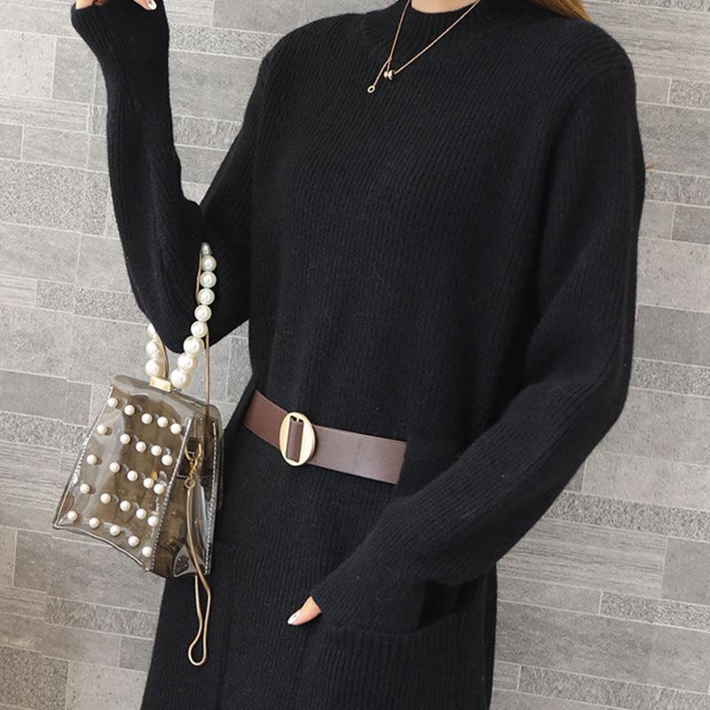 Korean Style Loose Outer Wear Mid-length Sweater Women Waist Slim Half Turtleneck Long Sleeve Autumn  Winter Base Sweater Dress