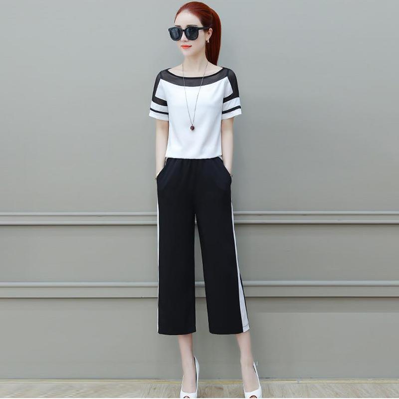 Two-piece Suit Women's Short-sleeved T-shirt Wide-leg Pants Two-piece Loose Casual Suit Fabric Lightweight Breathable Temperament Fan Two-piece Suit