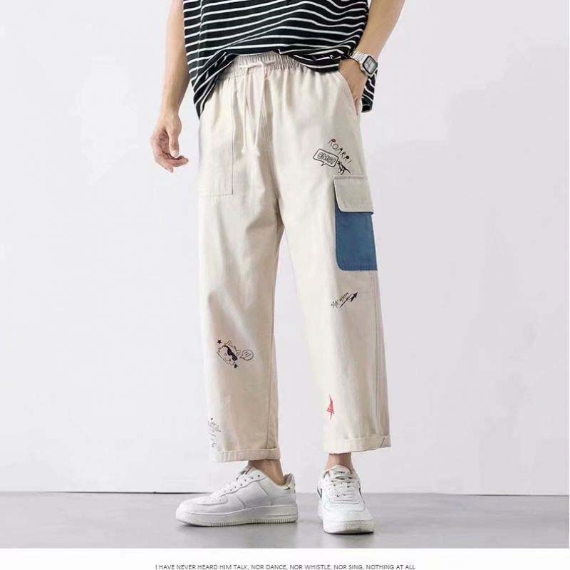 Summer Graffiti Overalls Men's Loose Straight-leg Students All-match Nine-point Salt Wide-leg Pants