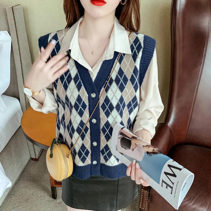 Women's Autumn Sweater Art British Style Hit Color Geometric Knitted Sweater Vest V-neck Loose Button Sleeveless Cardigan Waistcoat College Style