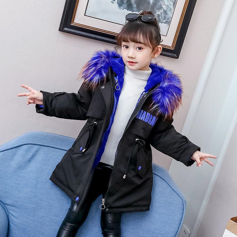 Winter Clothes Plus Cotton Padded Coat for Girls Detachable Plus Velvet Padded Coat Medium and Long Fur Collar Parka  Cotton Padded