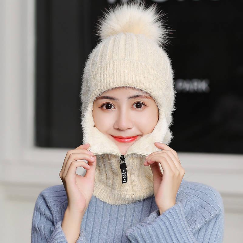 Scarf Hat Women Winter Plus Velvet Knitted Ear Protection Wool Cap Warm Cycling Cap