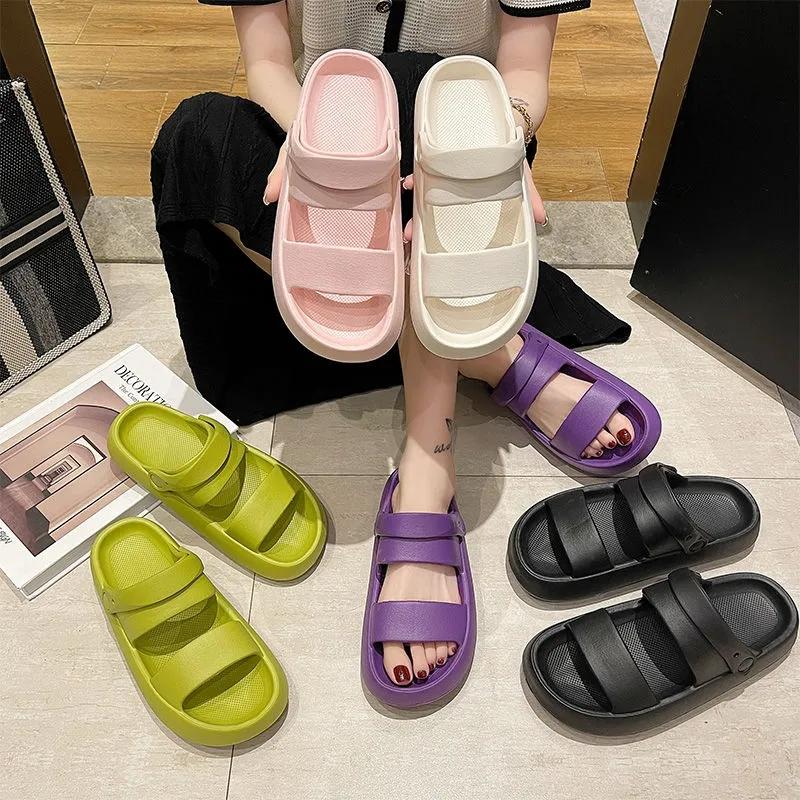 Slippery Slippers Ladies Summer Outside Wear Sandals Home Bathroom Bath Non-slip Sponge Cake Bottom Sandals and Slippers Outdoor Beach Shoes