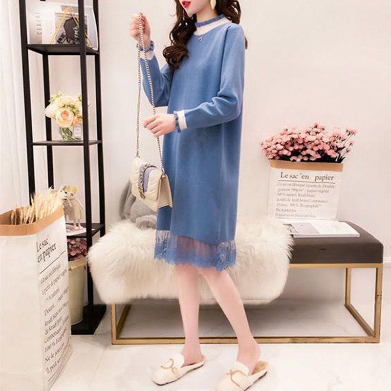 Autumn and Winter Knitted Lace Stitching Sweater Skirt Fashion All-match Hedging Bottoming Shirt Mid-length Female Sweater Dress