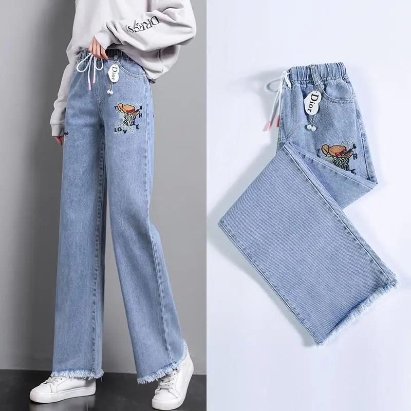 Spring New Wide Leg Pants Female Junior High School High School Students Large Size Jeans Loose All-match Large Size High Waist Straight Pants