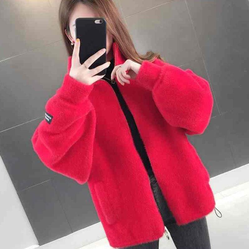 Autumn and Winter Mohair Loose Coat Short Knit Cardigan Tops Solid Color High Neck Women's Coat