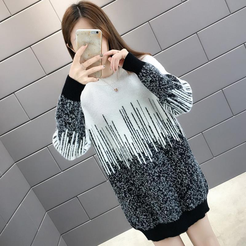 Women's Mohair Sweaters Thick Pullover Knitwear Gradient Color Round Neck Fuzzy Sweater