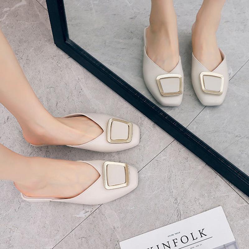 Slippers Sandals Women's Summer Fashion Outer Wear Square Buckle Not Leaking Toes Half Slippers It's One Size Bit Smaller