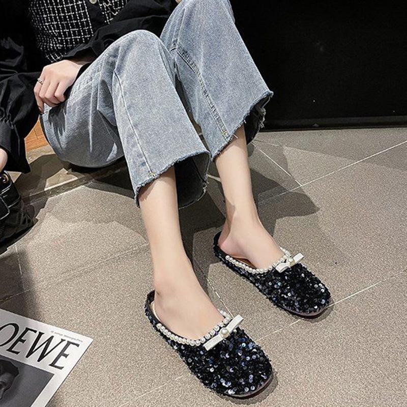 Sequined Baotou Half Slippers Women's Outer Wear Summer Shallow Mouth Women's Shoes Grandma Shoes Soft Sole Peas Shoes