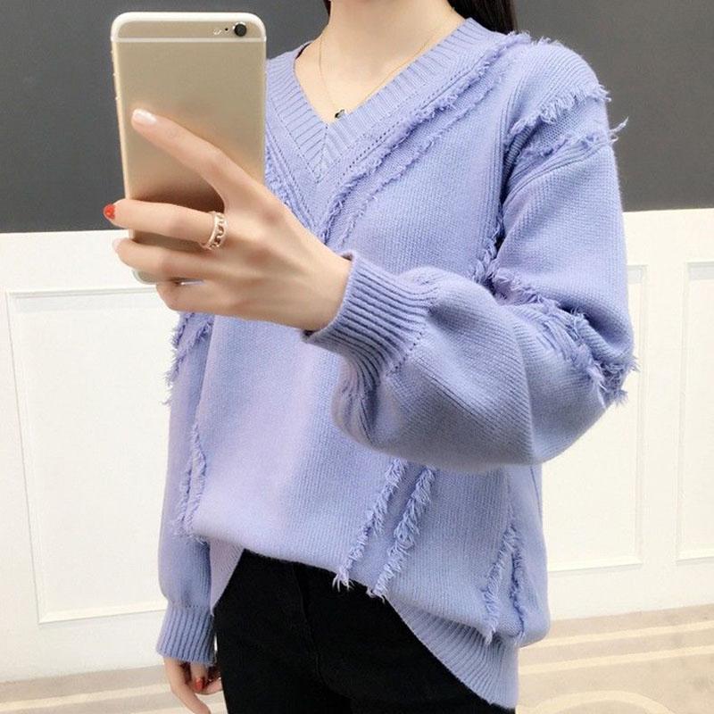 Spring and Autumn V-neck Sweater Pullover Solid Color Long-sleeved Casual Jacket Loose Young Women's Bottoming Shirt