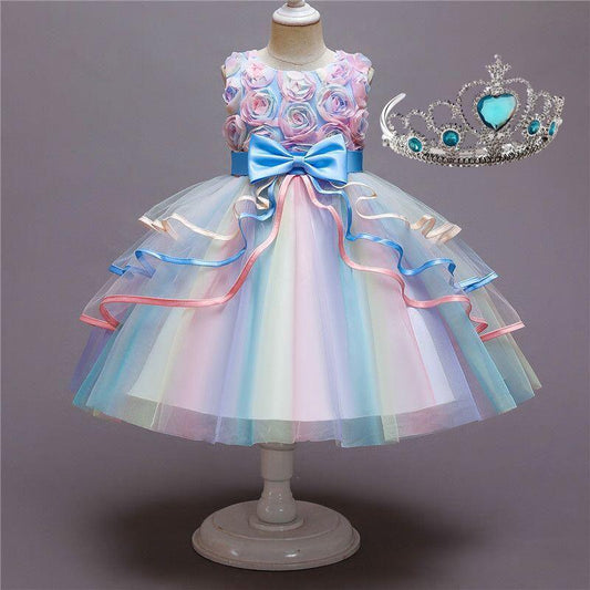 Kids Unicorn Dress for Girls Flower Appliques Gown Little Girl Sleeveless Princess Dresses Elegant Party Costumes Children Clothing