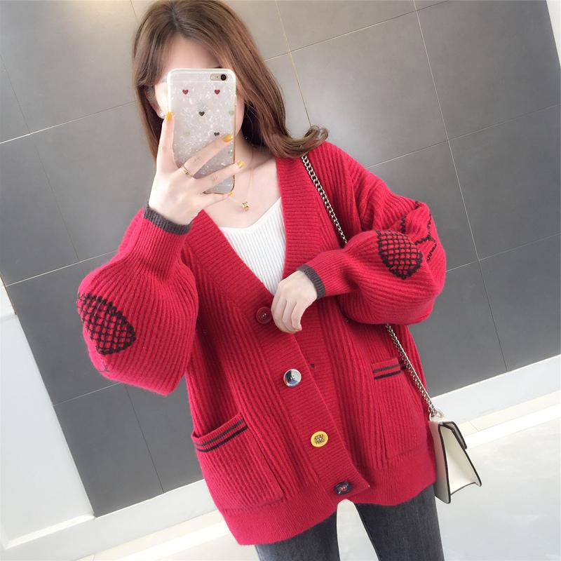 Women's Embroidered Knit Cardigan Loose Mid-length Knitted Sweater Coat Fashion