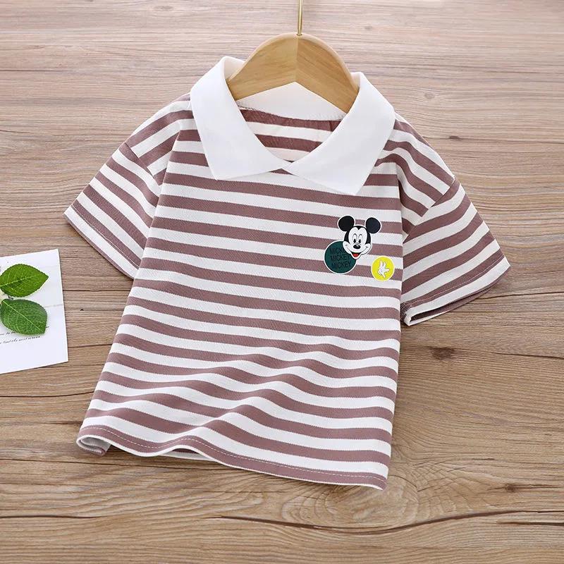 Girl and Boys Summer Striped T-shirts Children's Fake Two Pieces of Pure Cotton Short-sleeved Children's Lapel Polo Shirt