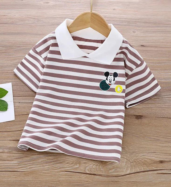 Girl and Boys Summer Striped T-shirts Children's Fake Two Pieces of Pure Cotton Short-sleeved Children's Lapel Polo Shirt