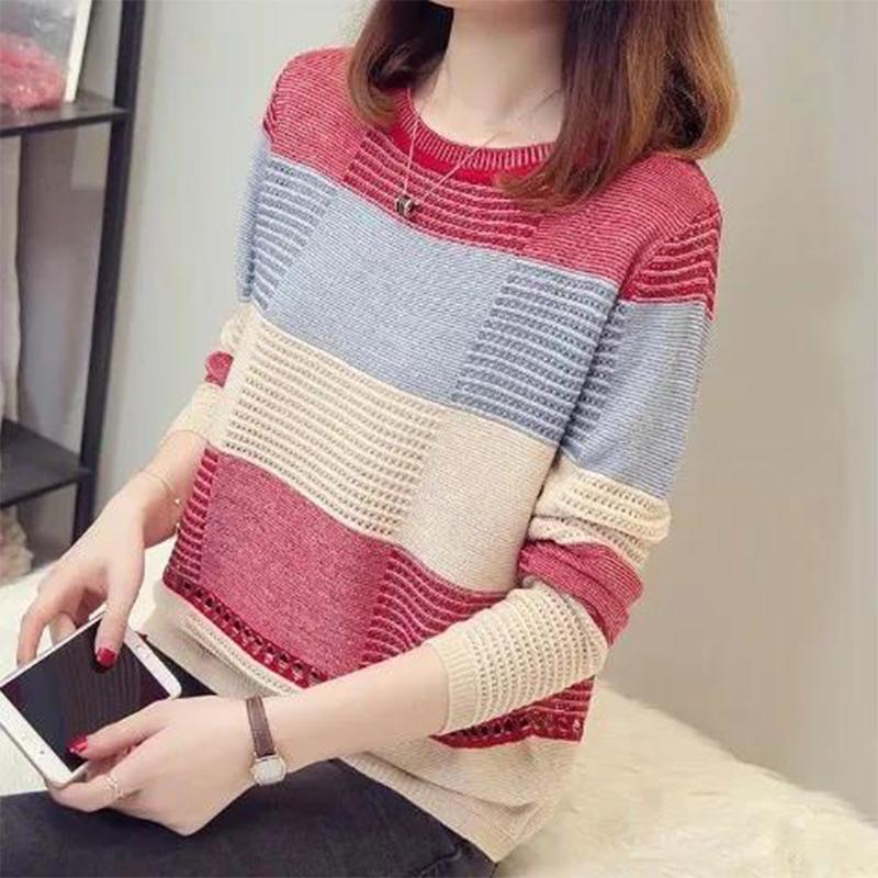 Thin Hollow Knit Sweater Spring Women's Autumn Top Colorblock Loose Striped Long Sleeve Bottoming Short Section