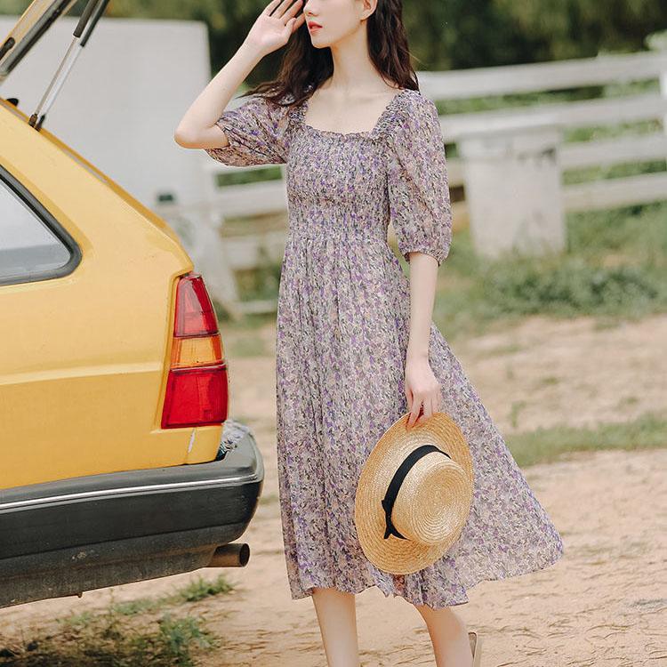 Female Vintage High Waist Super Fairy Holiday Dress Elegant Slim Chiffon Floral Print Pleated Dress