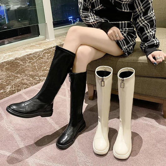 Elastic Boots Single Boot Front Zipper Versatile Long Boots Women's Slim Flat Bottomed Knight Boots Leather Boots