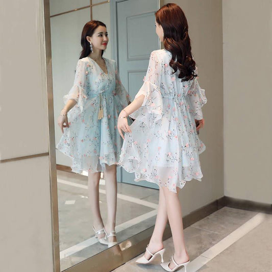 Fashion Flare Sleeve Floral Dress Female Summer Chiffon Mid-length Ruffle Irregular Dress