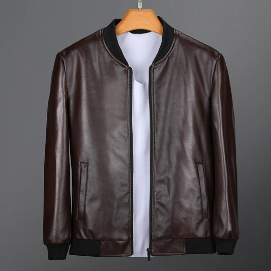 Spring and Autumn Thin Leather Jacket Men's Stand-up Collar Jacket Slim Casual Young and Middle-aged Flight Jacket Motorcycle Clothing