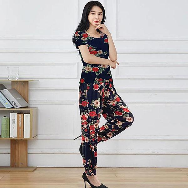 Women's Spring and Summer Plus Size Print Suit Short Sleeve Top Cropped Pants Loose Casual Two Pieces Set