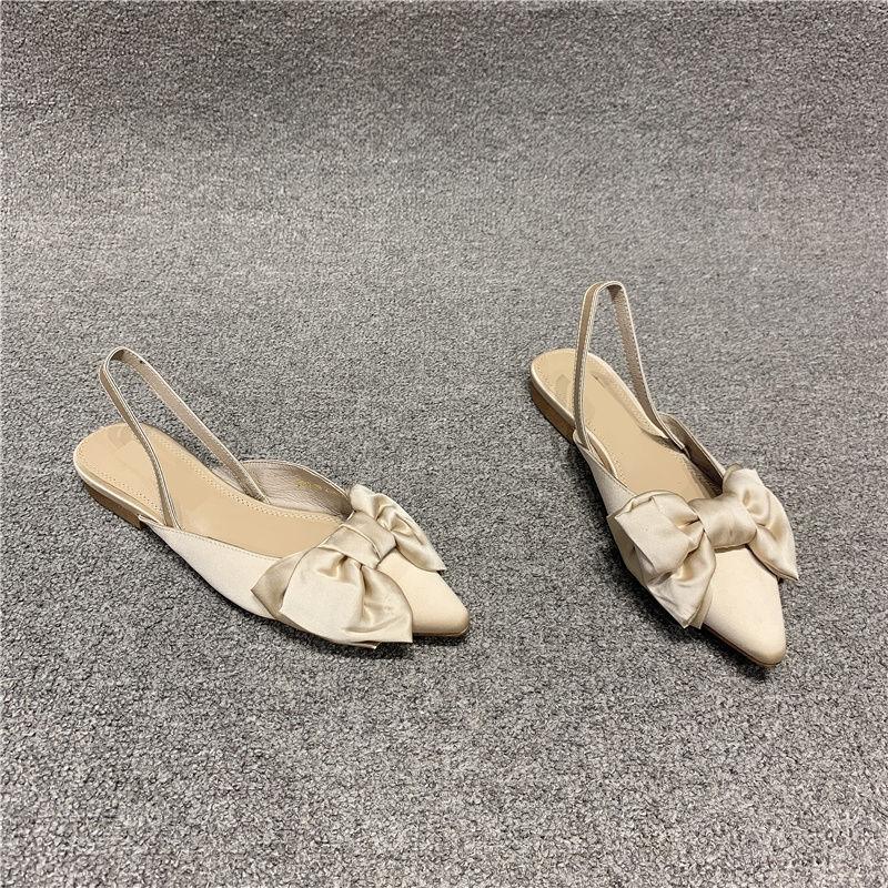 European Women's Shoes Summer Pointed Shallow Mouth Bow Single Shoe Cover Foot Flat Retro Sandals