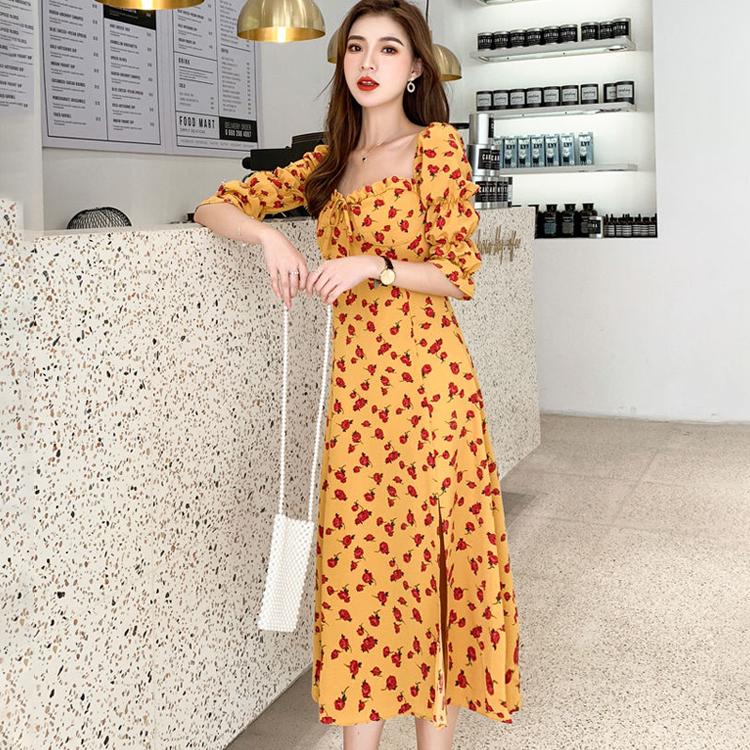 2020 Strawberry Print Cute Long Dress Spring Summer Women Streetwear Slim Split Dress Chiffon Dress