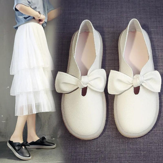 Women's Two Ways To Wear Small White Shoes Spring Shallow Ladies Shoes Flat Bow Soft Bottom Home Comfortable Mother Shoes Slip-on Student Casual Shoes