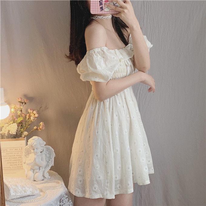 Little Daisy Women's Holiday High Waist Girl Vintage French Puff Sleeve Shoulder Print Dress