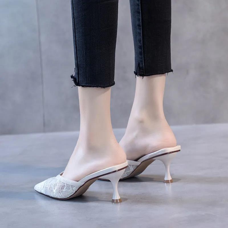 Hollow Half Slippers Women's Summer Fashion Wear Mesh Gauze All-match Pointed Toe Stiletto Sexy High Heels