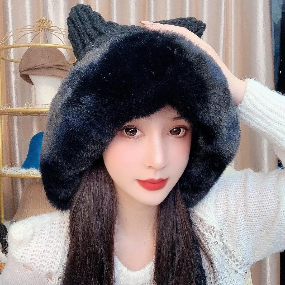 Winter Plush Knitted Hat Women's Cute Ear Thickened Woolen Hat Oversized Woolen Hat