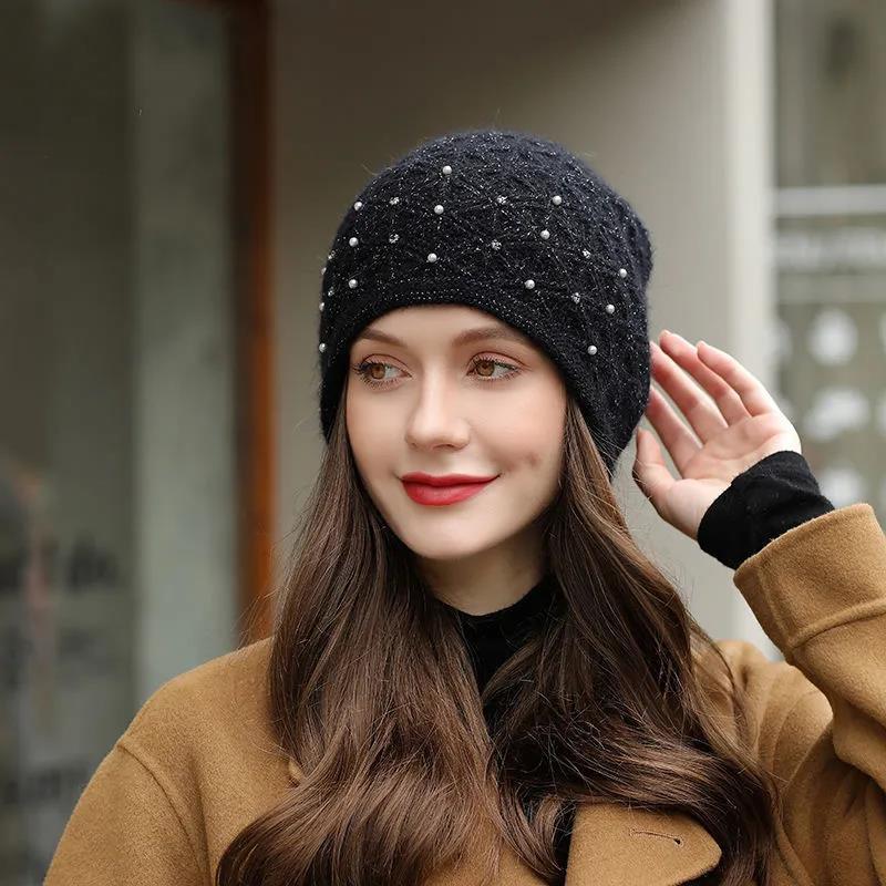 Women's Hat Autumn Winter Thickening Warm Beret Hat Cold-proof Rabbit Fur Blended Knitted Hat Windproof Beanies Cap Headgears Solid Pearl Decor Hat