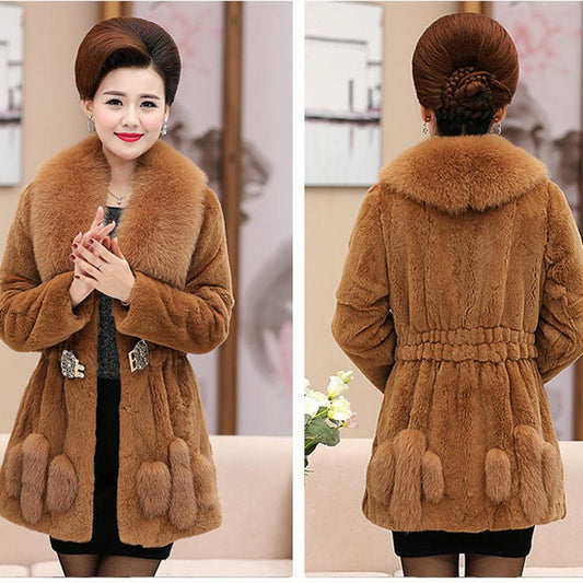 Faux Fur Rex Rabbit Fur and Fox Fur Collar Coat Women's Mid-length Faux Fur Slim Coat Warm and Comfortable Cotton Coat