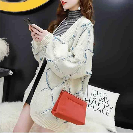 Sweater Jacket Women's Mid-length Loose Knit Cardigan Lazy Style Long-sleeved V-neck Warmth Thick Women's Sweater Jacket