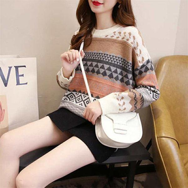 Autumn and Winter Retro Geometric Pattern Sweater Loose Casual Jacquard Top Pure Cute Girl Sweater