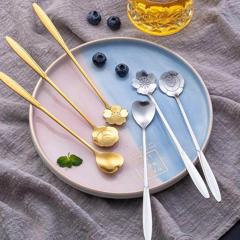 Creative Japanese Gold Stainless Steel Spoon Vintage Golden Coffee Tea Spoon Flower Sugar Dessert Tea Bar Coffee Tableware