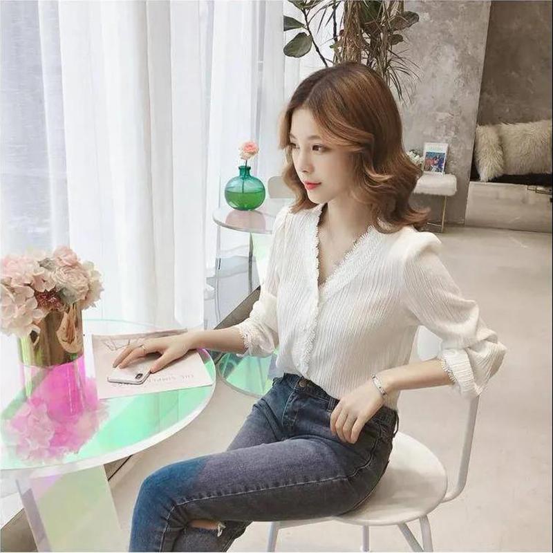 Chiffon Shirt Women's Long-sleeved Spring and Autumn Wear V-neck Shirt Women's Business Wear Shirt Suit with Casual Lady Elegant