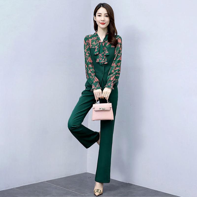 Professional Suit Temperament Was Thin Wide-leg Pants Two-piece Long-sleeved Waist Chiffon Shirt Loose Suit Pants Ladies Temperament Suit