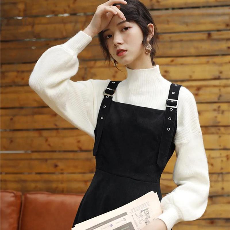 Single Piece/suit Autumn and Winter New Thin Dress Women's Knitted Sweater Loose Suspender Skirt Two-piece Temperament Lady Fan